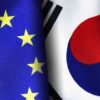 Banderas de la Unión Europea y de Corea del Sur, una al lado de la otra