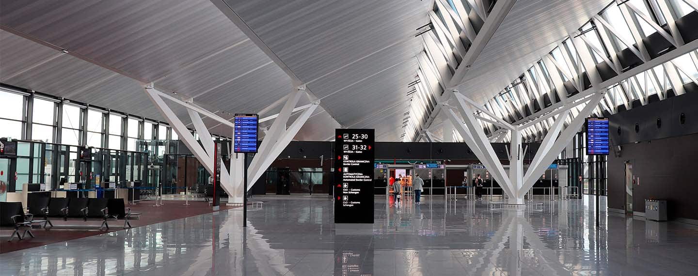 Interior of Terminal 2 at Lech Wałęsa Airport in Gdansk, Poland.