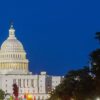 Capitol Building at night. Kamala Harris and JD Vance