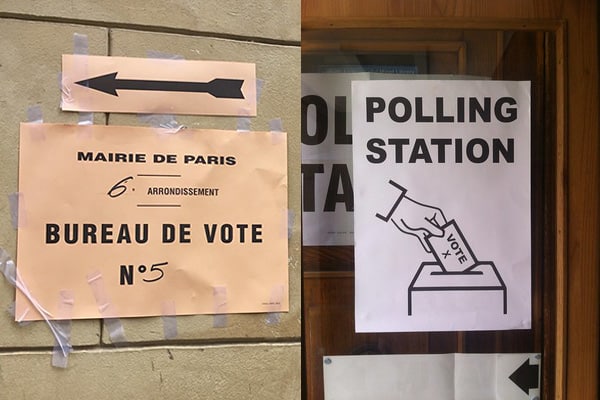 Izda.: señalización a un centro de votación en París, y dcha.: señalización a un centro de votación en Londres. Créditos de las fotos: Lorie Shaull (CC BY 2.0), Ruth Lang (CC BY 2.0). Elecciones