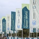 Pancartas y banderas en la Conferencia de las Naciones Unidas sobre el Cambio Climático COP29 en Bakú, Azerbaiyán, mostrando mensajes como «En solidaridad por un mundo verde». Los asistentes caminan por un sendero con la marca de la conferencia de fondo. COP29