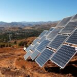 Filas de paneles solares instalados en una ladera cerca de Ovalle (Chile), en un paisaje rural con montañas al fondo y bajo el cielo azul despejado de Monte Patria. Transición energética