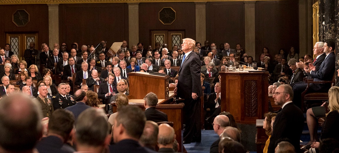 President Donald Trump delivering his first State of the Union address at the United States Capitol (Washington), on 30 January 2018. Trump