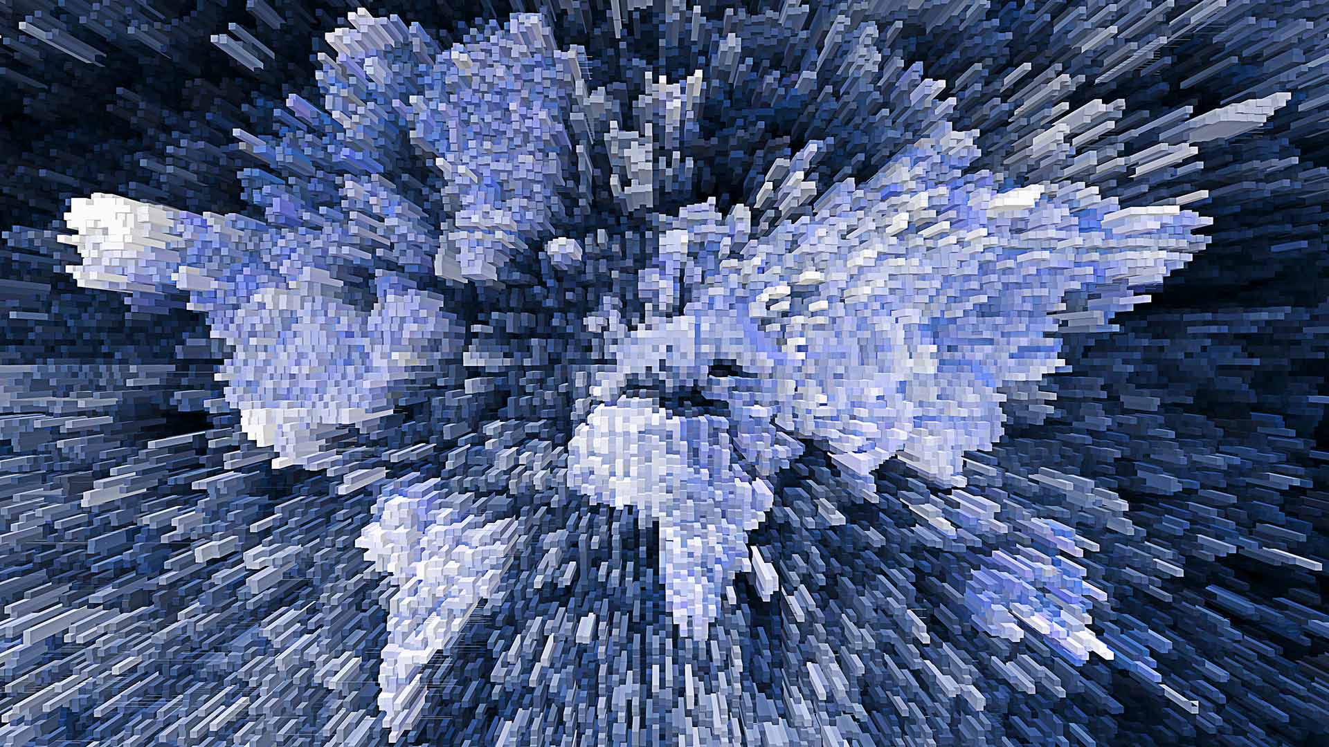 Imagen abstracta en 3D de un mapa del mundo, compuesto por bloques pixelados en tonos azulados y grisáceos. China