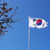 South Korean flag waving on a flagpole in Yongin-si, Gyeonggi-do, with a clear blue sky and autumn tree branches in the foreground. Korea
