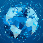 Vector illustration of a polygonal world map, centred on the Atlantic to highlight the strategic alliance between the EU and Latin America and the Caribbean. The illustration combines variations of blue tones (dark blue background) with dots and lines representing the structure of the World Wide Web, conveying the idea of global connection.