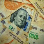 Detail of a green and black 100 US dollar banknote partially visible beneath several orange, violet, and green 1,000 Argentine peso notes. Argentina