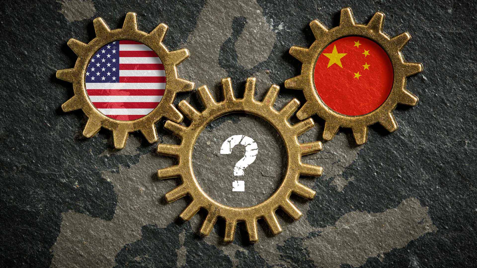 Three golden interlocking gears over a map of Europe on a dark textured background. The left gear features the US flag, the right gear shows the Chinese flag, and the bottom gear features a white question mark.