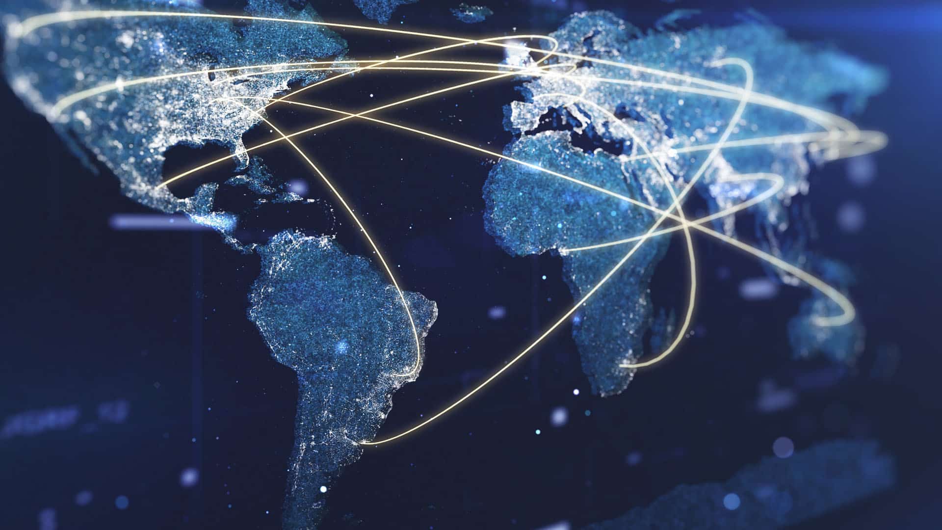 Mapa digital del mundo sobre fondo oscuro, con continentes en tonos azulados y líneas doradas brillantes que conectan distintas regiones. Sur global