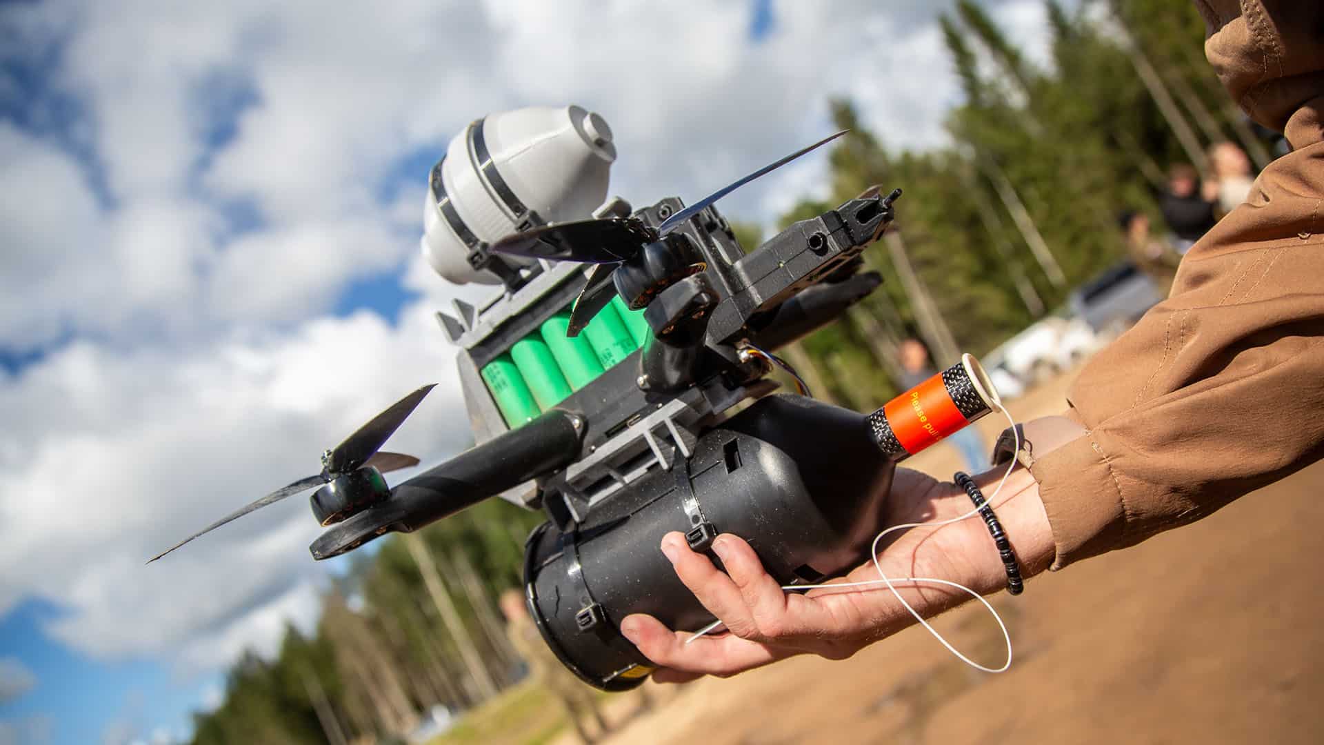 Close-up of a state-of-the-art Ukrainian fiber optic drone.