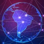 Digital illustration featuring a map of Latin America as seen from space, in shades of blue with connected lines and dots representing a technological network against a dark background.