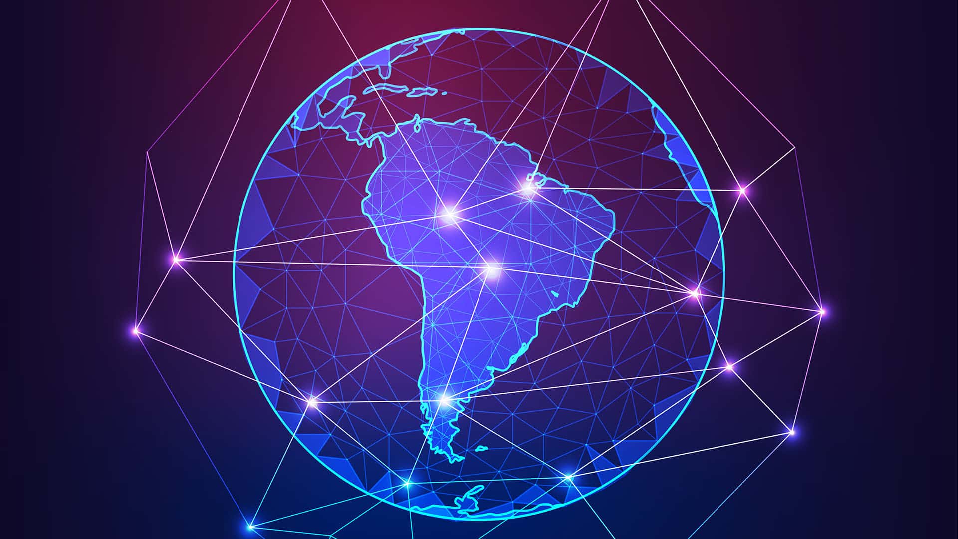 Ilustración digital con un mapa de América Latina en la vista del planeta tierra desde el espacio, en tonos azules con líneas y puntos conectados que representan una red tecnológica sobre fondo oscuro.