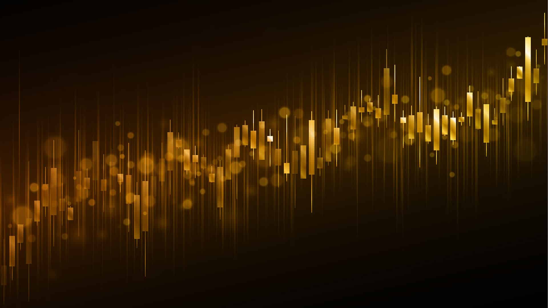 Ilustración de fondo de aumento del precio del oro. Gráfico abstracto de barras y líneas doradas ascendentes sobre fondo oscuro, representando crecimiento financiero y tendencia alcista del precio del oro.