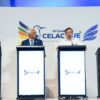Mario Lubetkin, canciller de Uruguay; Antonio Costa, presidente del Consejo Europeo; Gustavo Petro, presidente de Colombia; y Kaja Kallas, alta representante de Asuntos Exteriores y Política de Seguridad de la UE, en la rueda de prensa de la Declaración de Santa Marta en la Cumbre UE-CELAC 2025 en Santa Marta, Colombia. (09/11/2025). Al fondo, se puede ver el logo de la IV Cumbre CELAC-UE.