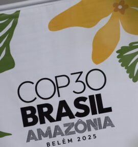 Estandarte con el logo oficial de la COP30 en los alrededores del recinto en Belém, Brasil.