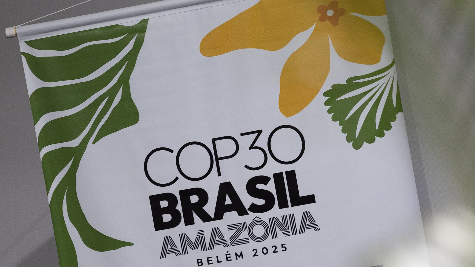 Banner with the official COP30 logo in the vicinity of the venue in Belém, Brazil.