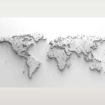 Minimalist world map consisting of interconnected black dots and lines on a white background, simulating a global network.