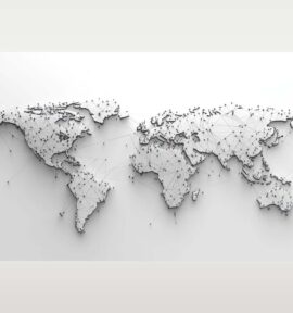 Mapa mundial minimalista formado por puntos y líneas negras interconectadas sobre fondo blanco, simulando una red global.