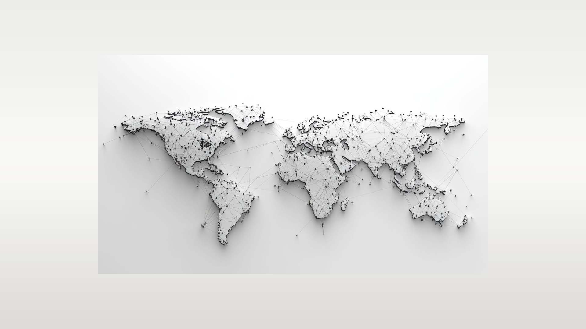 Minimalist world map consisting of interconnected black dots and lines on a white background, simulating a global network.