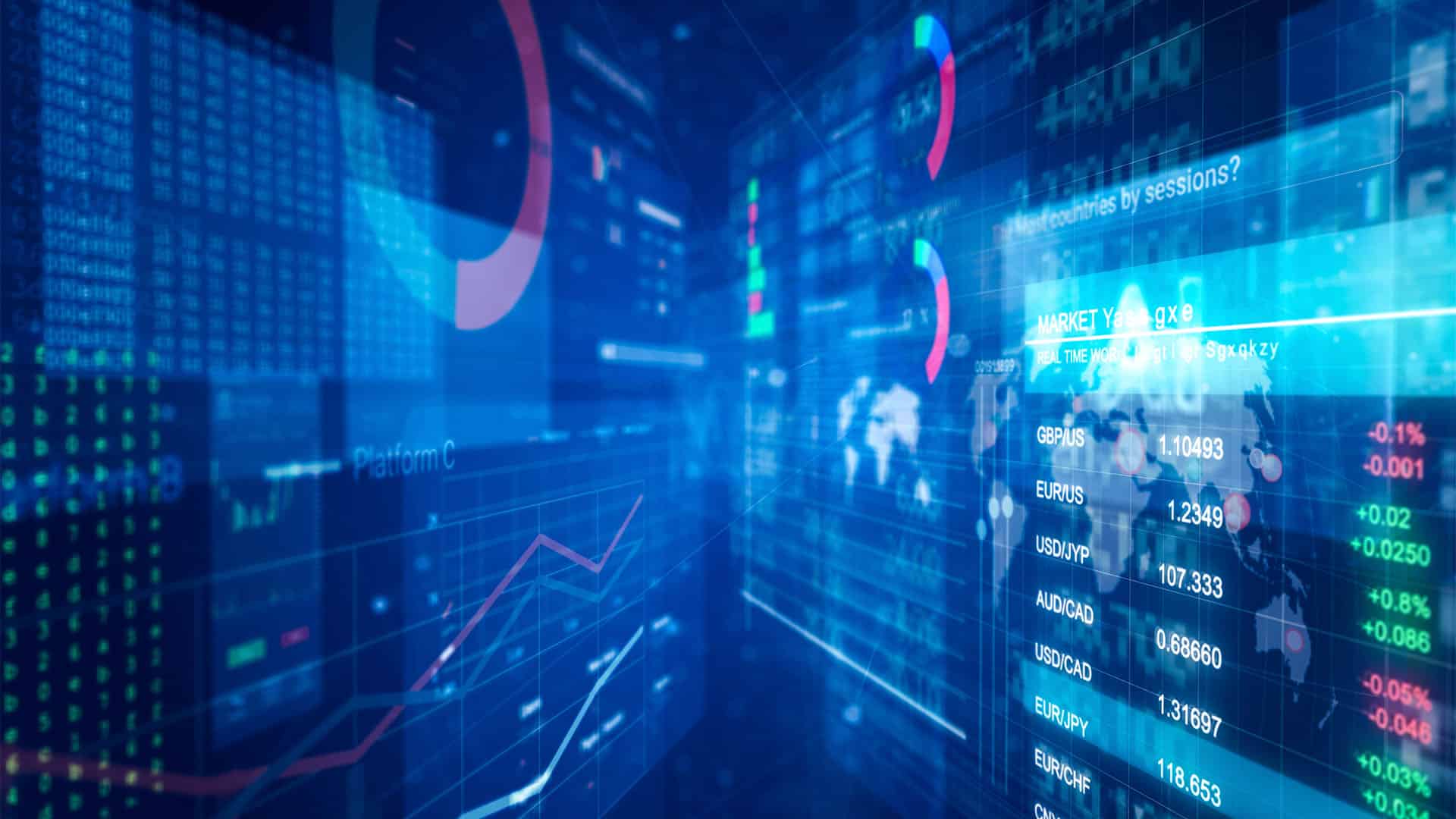 Sobre fondo azul, a doble exposición, aparecen gráficos y datos empresariales en varios paneles financieros superpuestos.