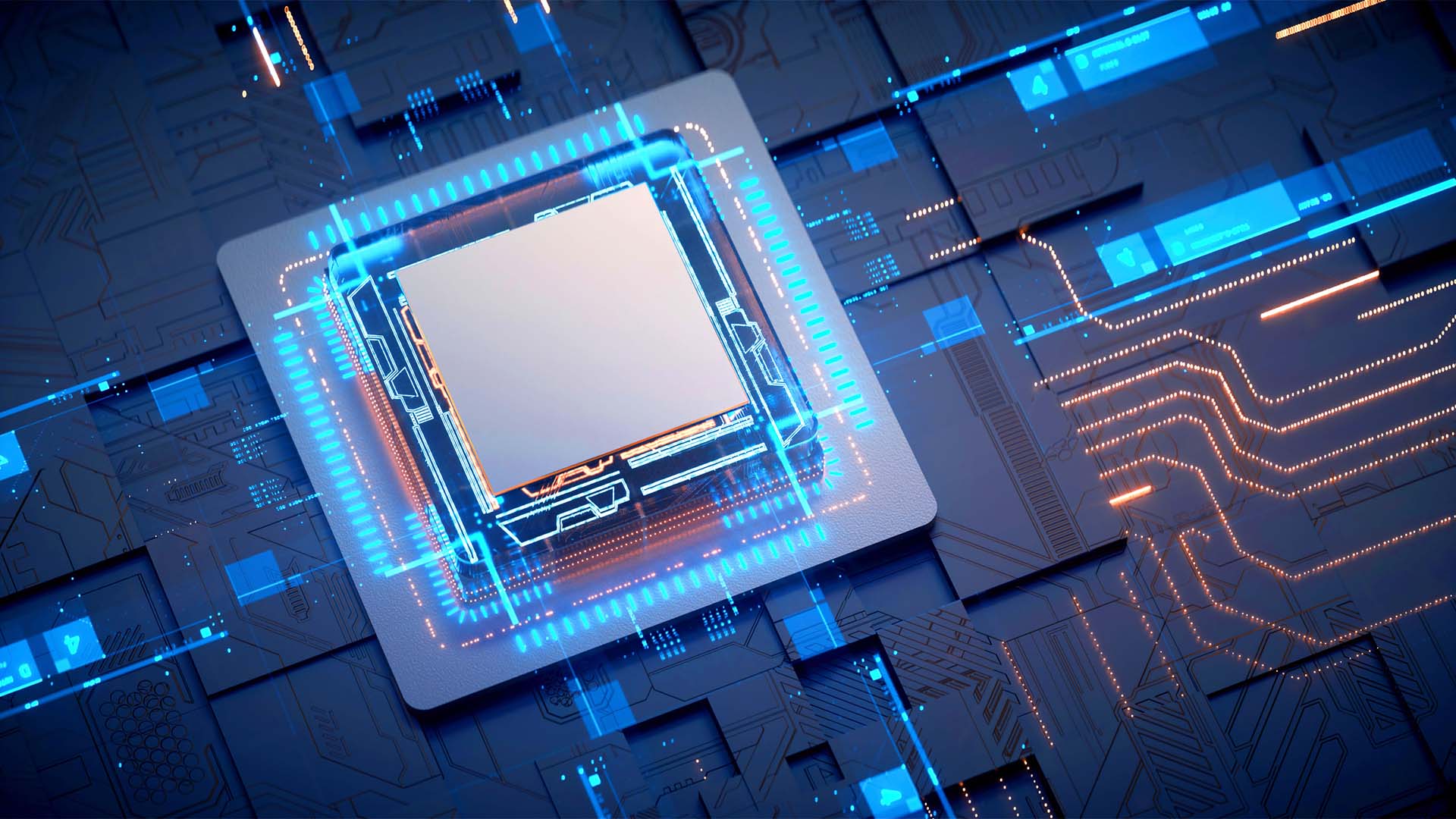 A motherboard, in the centre of the image, is surrounded by lights of different colours: blue, orange and yellow. Around it, an abstract circuit of black boards and blue and orange lights connect to each other.